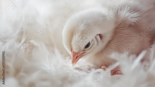 A cute baby chick pecking at the ground, surrounded by soft feathers, on a white isolated background