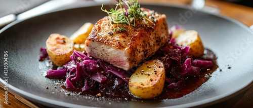 Professional Image of Pork Loin with Red Cabbage and Potatoes for Culinary Usage and Food Blogs