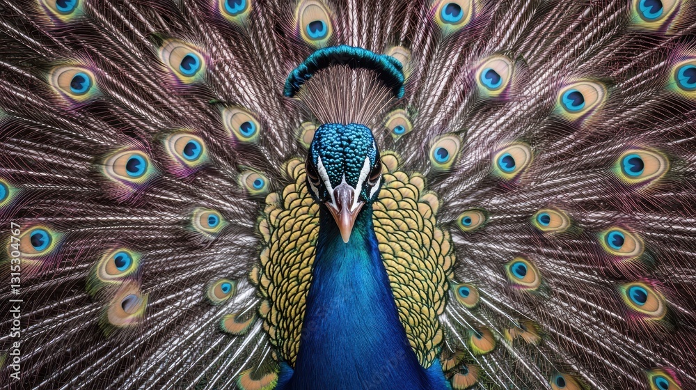 Obraz premium A proud peacock displaying its vibrant feathers, with a striking pattern, on a white isolated background