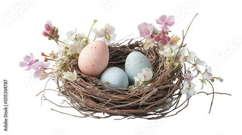 Little bird nest with pastel Easter eggs and delicate flowers on a white background --ar 16:9