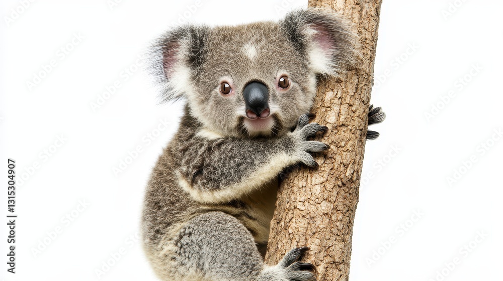 Naklejka premium A baby koala climbing a eucalyptus tree, with a sleepy expression, on a white isolated background