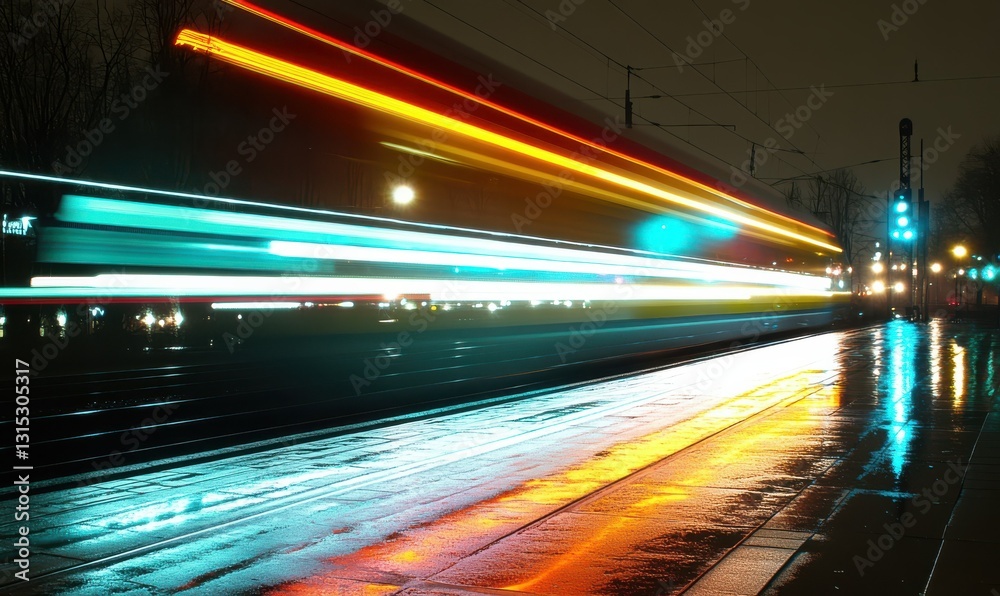 Obraz premium High-speed train in motion at night, reflecting lights on wet tracks.