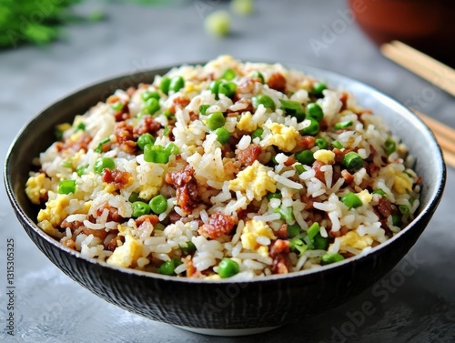 Hearty bowl of rice combined with sweet peas and crispy bacon offering a flavorful and satisfying meal experience