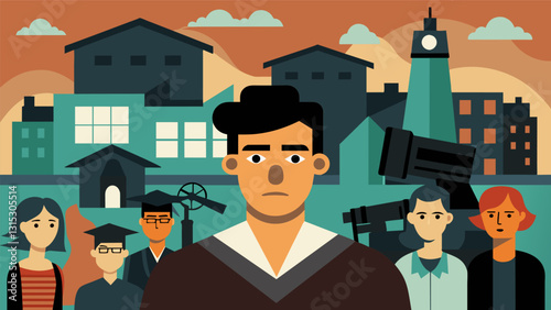Against a backdrop of abandoned factories and warehouses Gen X filmmakers tell the story of their generations economic struggles and disillusionment with the American Dream.. Vector illustration