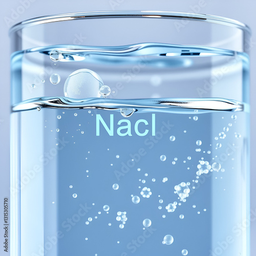 Create an image of a salt molecule (nacl) dissociating in water, highlighting the ionic bonds between sodium and chloride ions. Ionic. Illustration