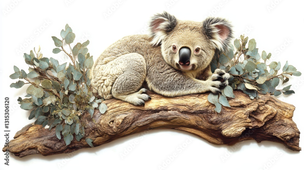 Fototapeta premium A koala sitting on a eucalyptus tree, with a calm expression, on a white isolated background