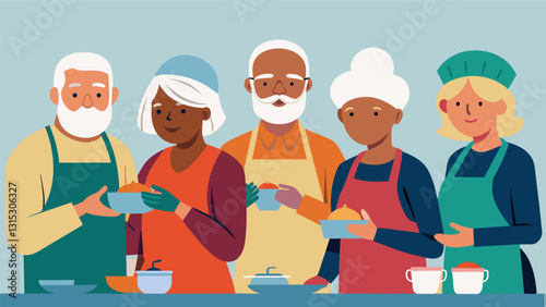 A team of retirees donning hairnets and gloves helping to prepare meals at a local homeless shelter.. Vector illustration