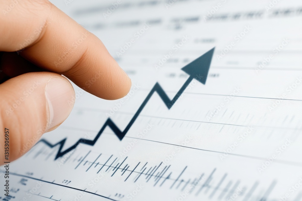 Hand pointing at upward arrow on stock market graph with financial data and charts in the background Hand pointing at upward arrow on stock market graph with financial data and charts in the background
