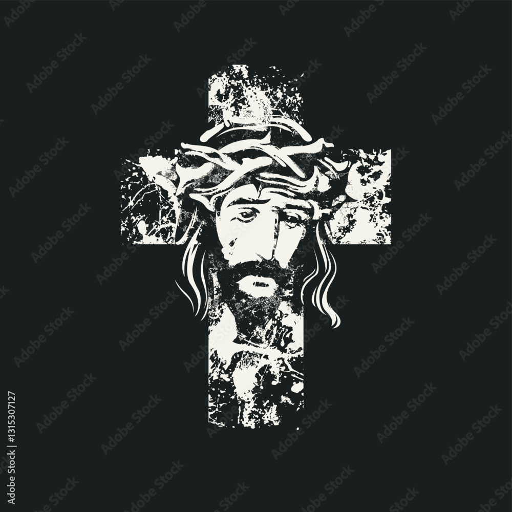 Easter banner or greeting card with Christian catholic cross with portrait of crying Jesus Christ wearing crown of thorns. Vector illustration, religious symbol, icon, logo, print, tattoo, design