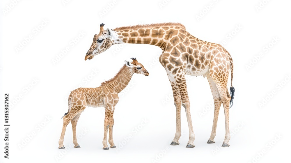 Fototapeta premium A mother giraffe with her baby standing beside her, both looking into the distance, on a white isolated background