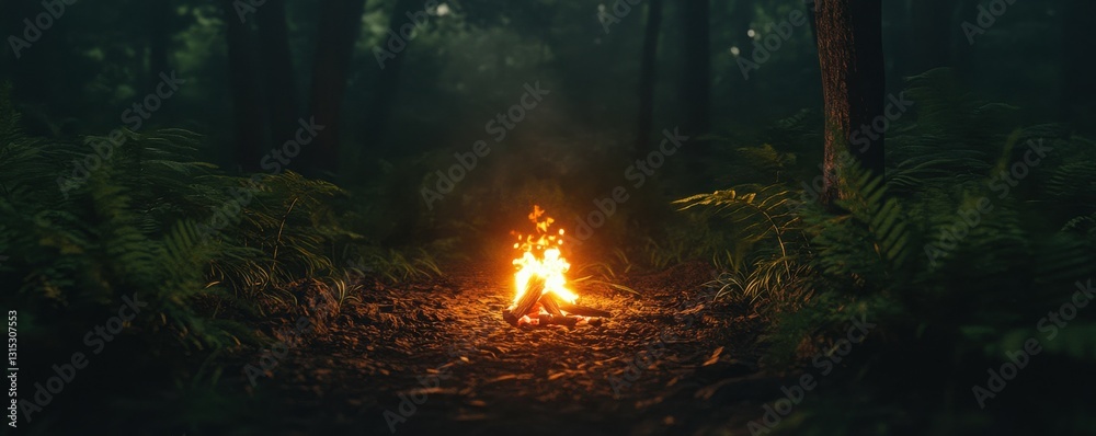 A small campfire burns brightly in the middle of a dark, dense forest. A small campfire burns brightly in the middle of a dark, dense forest.