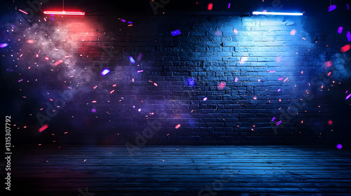 Dark Empty Room With Brick Wall Illuminated By Red And Blue Neon Lights Abstract Background With Smoke And Confetti
