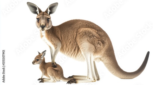 A kangaroo carrying its joey in its pouch, with a vast Australian landscape in the background, on a white isolated background