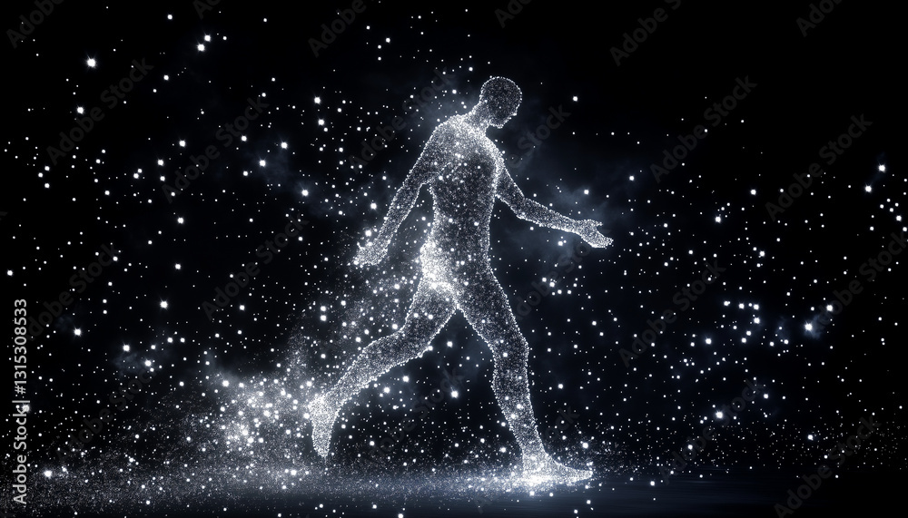Fototapeta premium Digital glowing silhouette of walking man made of stardust and cosmic particles in futuristic space-inspired artwork