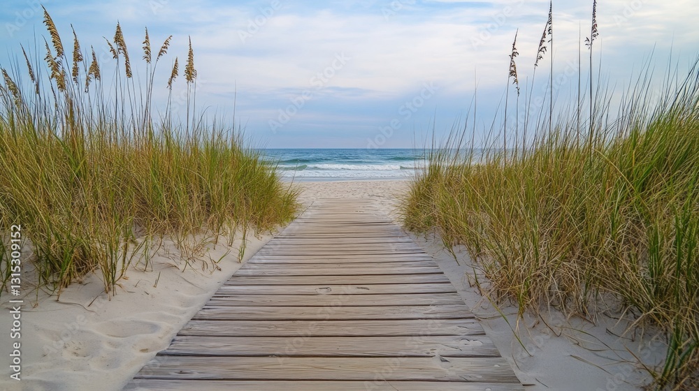 Fototapeta premium Wooden boardwalk path through beach dunes leading to ocean.
