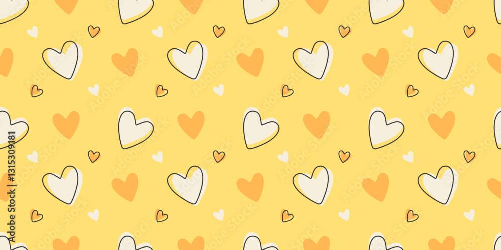 Seamless heart pattern on yellow background. Cute hand-drawn love symbols in doodle style. Romantic holiday decoration. Flat vector illustration.