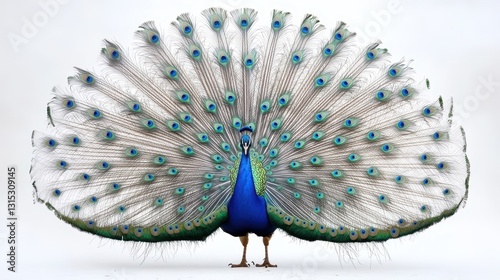 A proud peacock displaying its stunning feathers, showcasing its bright blue and green colors, on a white isolated background