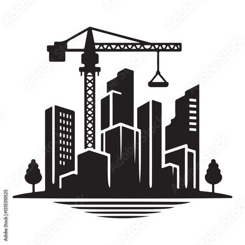 Simplified Cityscape Vector Silhouette Illustration with Construction Crane