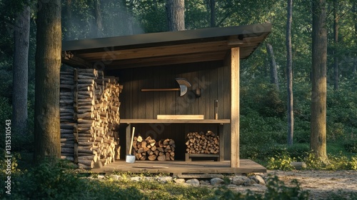 Rustic wood shed nestled in a forest