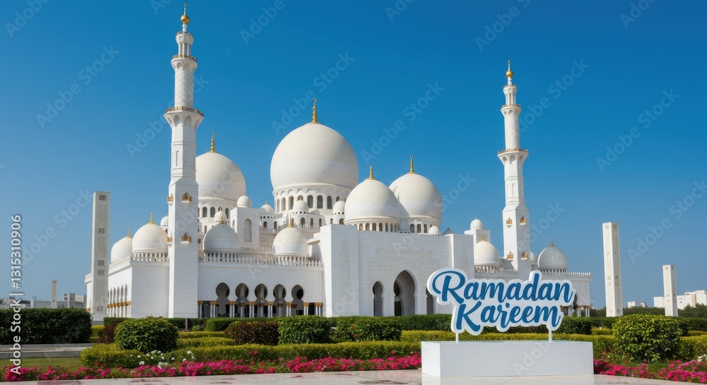 Fototapeta premium A stunning mosque set against a clear blue sky with multiple domes including a large central dome and two tall minarets there is a sign with the text Ramadan Kareem written in blue elegant font