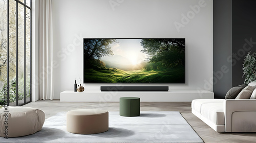 Modern Minimalist Living Room With Large Television And Soundbar Showcasing Nature Documentary In Bright Airy Space