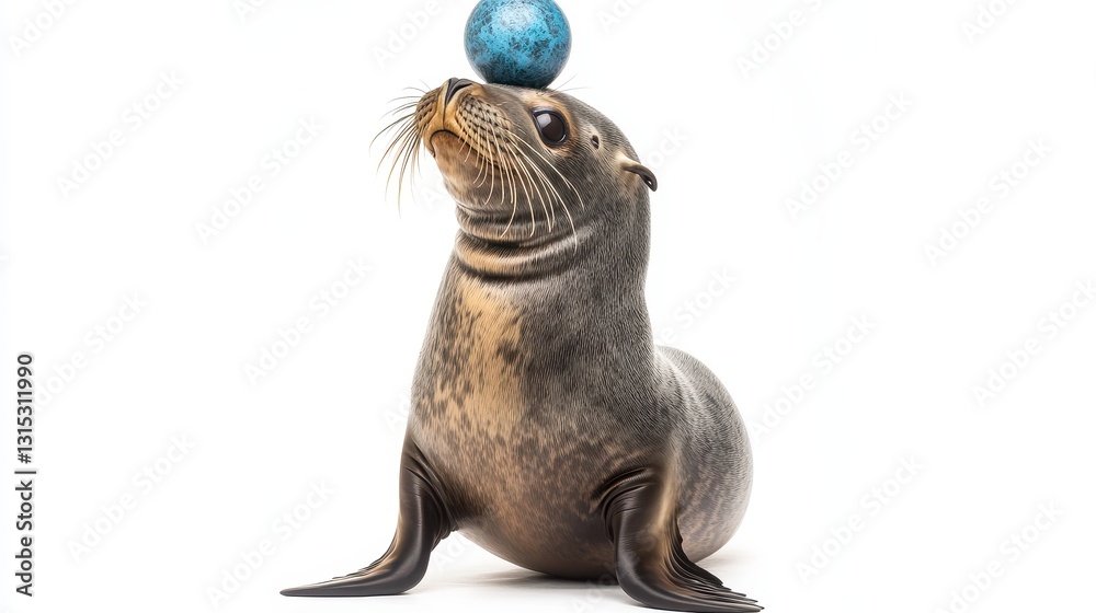 Fototapeta premium A young seal balancing a ball on its nose, with a playful expression, on a white isolated background