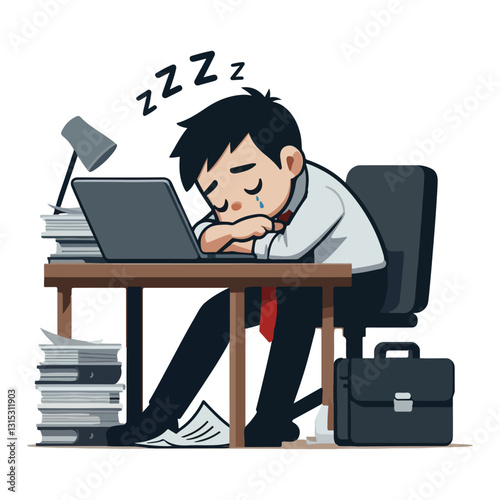 Tired businessman sleeping at desk illustration depicting work exhaustion