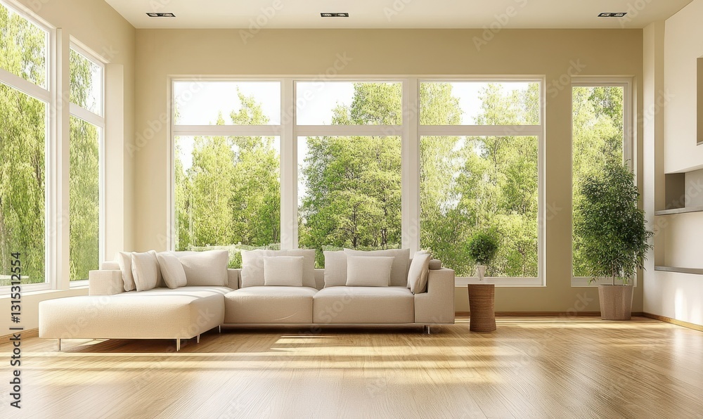 Fototapeta premium Modern Minimalist Living Room with Beige Tones and Large Windows