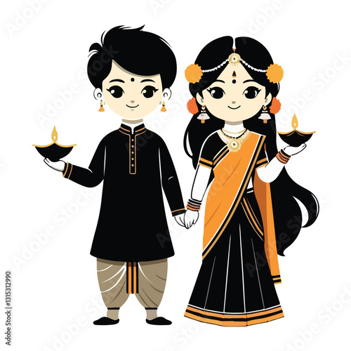 Cartoon couple celebrating diwali festival with diyas and traditional clothes