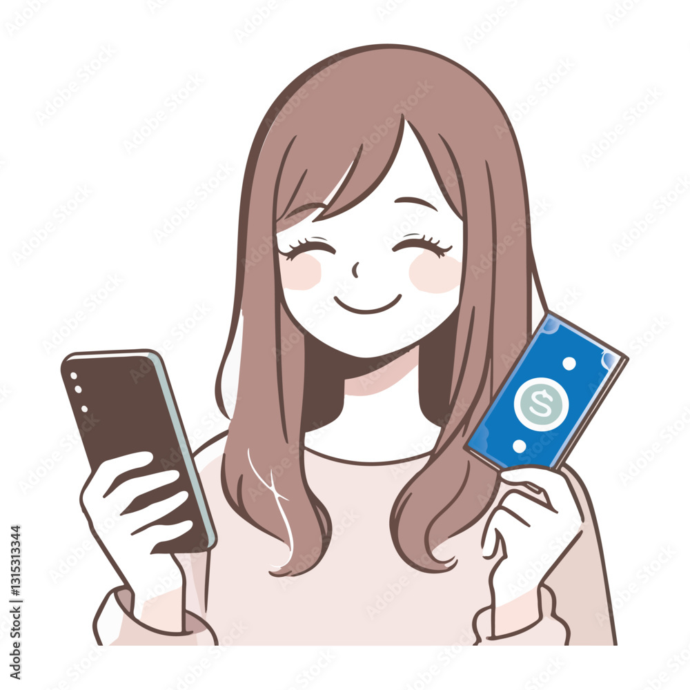 Happy Woman Using Mobile Phone and Credit Card Illustration Happy Woman Using Mobile Phone and Credit Card Illustration