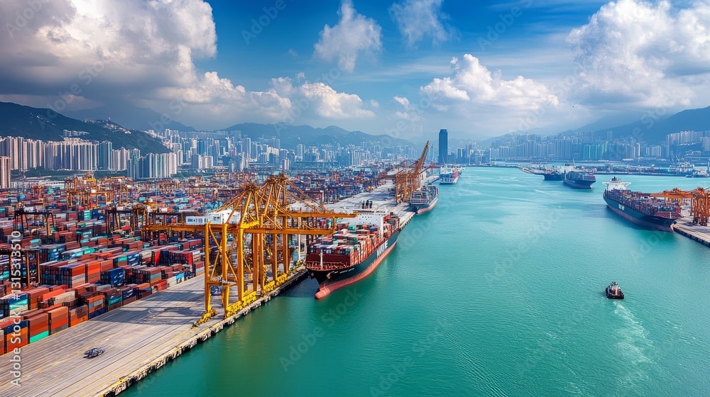 Naklejka premium Sports Busy Port View Unloading Cranes Cargo Ships