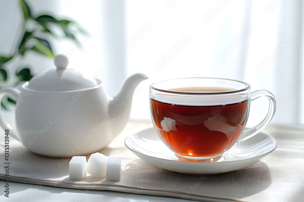 Refreshing black tea in cup and sugar on light table Refreshing black tea in cup and sugar on light table