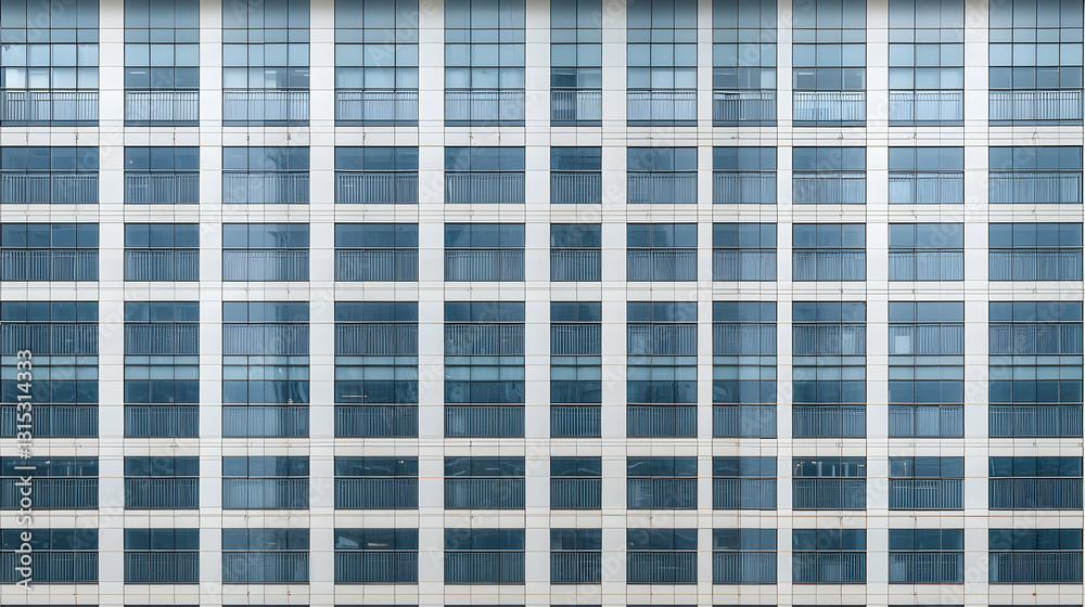 Modern Office Building Facade with Grid Pattern of Blue Glass Windows in a Symmetrical Architectural Design