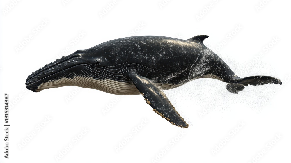 A large, majestic whale breaching the ocean surface, with water splashing around it, on a white isolated background A large, majestic whale breaching the ocean surface, with water splashing around it, on a white isolated background