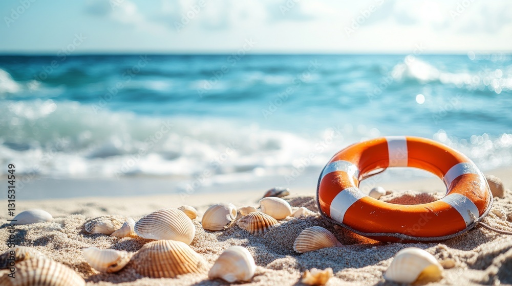Obraz premium Bright life preserver rests on sandy beach surrounded by seashells and waves under a clear sky