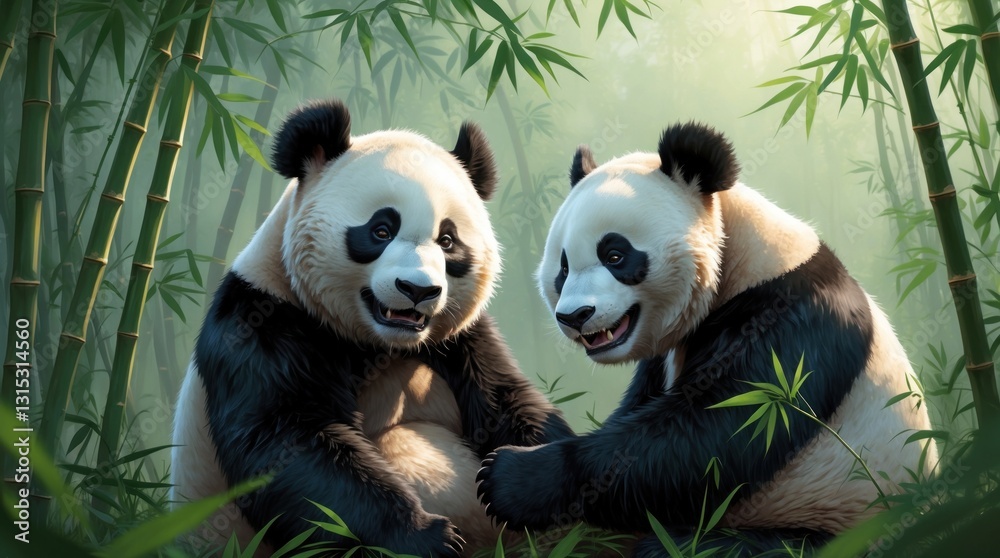 Obraz premium Two Adorable Pandas in a Bamboo Forest, Wildlife Photography, Nature Scene, Animal Friendship,