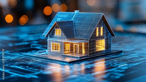 3D architectural model of a house displayed on a digital blueprint at night with illuminated windows