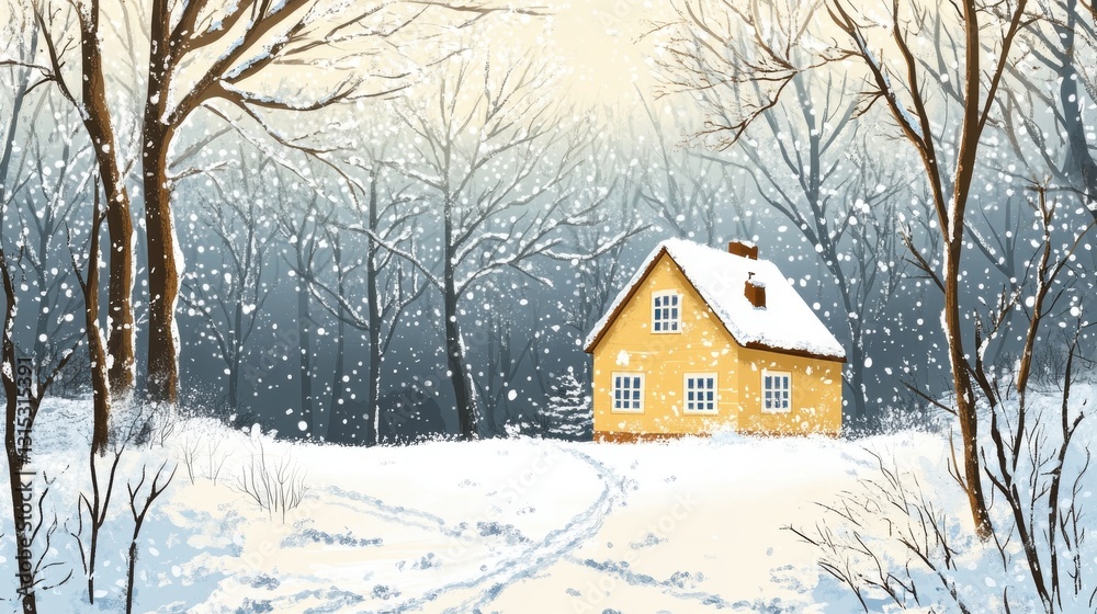 Naklejka premium Serene Winter Landscape with Snowy Cabin and Golden Sky, Winter landscape, snowy forest, wooden cabin, golden sky, bare trees, winding path.