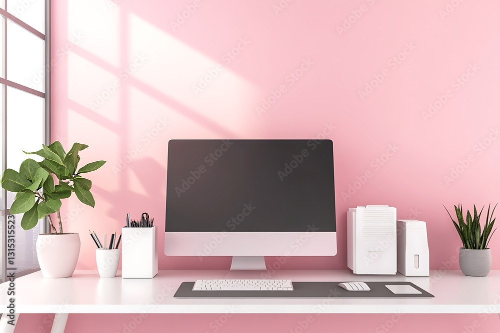 Fototapeta premium Pink Workspace Bliss: A Modern Minimalist Setup