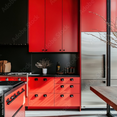 A Modern Kitchen Featuring Red Cabinets and Stainless Steel Appliances photo