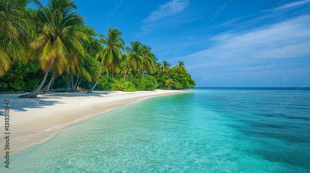 Fototapeta premium Tropical beach with white sand and clear turquoise water under a bright blue sky surrounded by palm trees