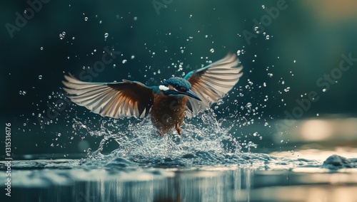 Kingfisher splashes into water, forest background photo