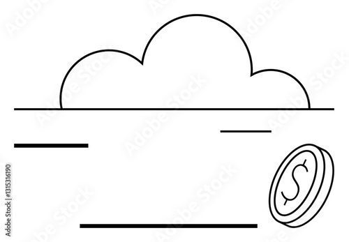 Cloud with parallel lines symbolizing technology and a coin suggesting finance. Ideal for fintech, cloud storage, digital economy, online payments, SaaS, investment, innovation flat simple metaphor