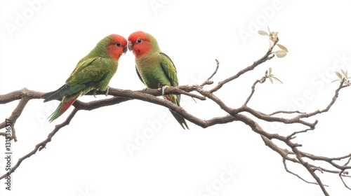 A pair of lovebirds sitting closely together on a branch, with bright green and red feathers, on a white isolated background