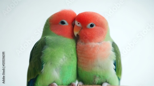 A pair of lovebirds sitting closely together on a branch, with bright green and red feathers, on a white isolated background