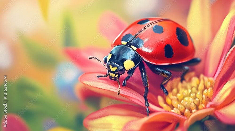 Fototapeta premium Beautiful cute ladybug with flower in Spring.