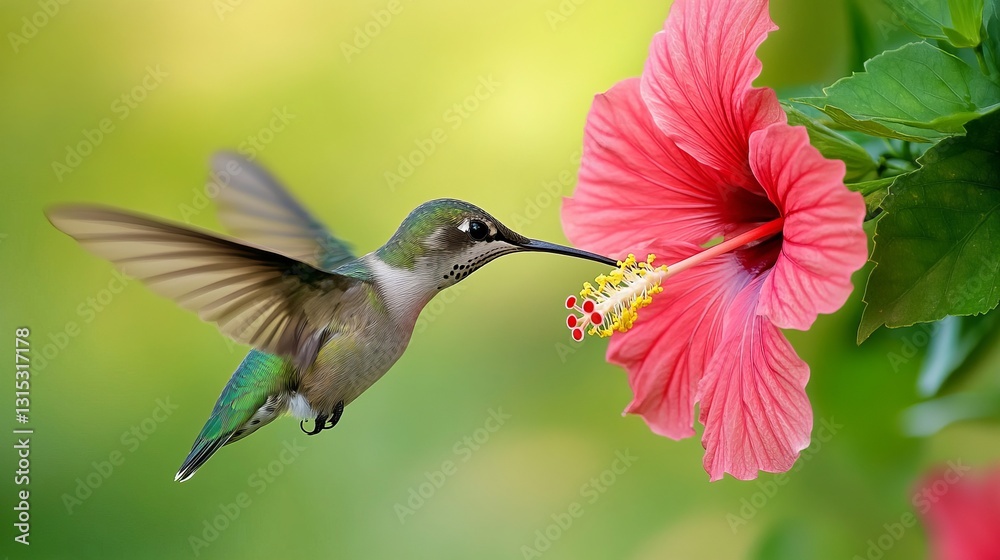 Naklejka premium Generic Hummingbird Sipping Overview Hibiscus Nectar