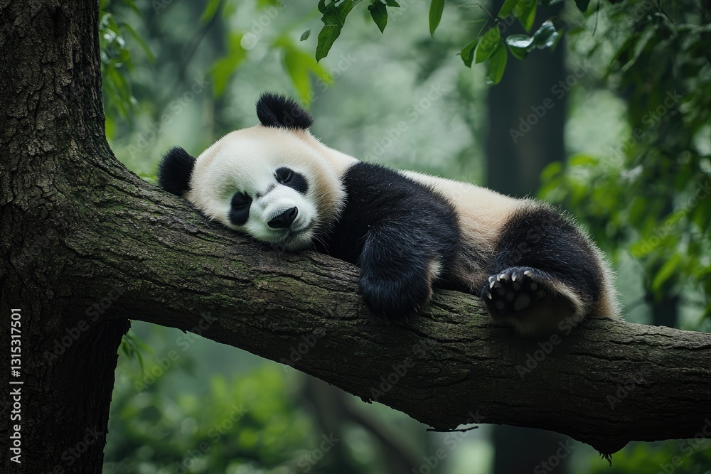 Obraz premium Sleepy panda resting on tree branch in lush forest