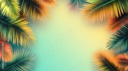 Tropical palm leaves frame, summer beach background,  greeting card design