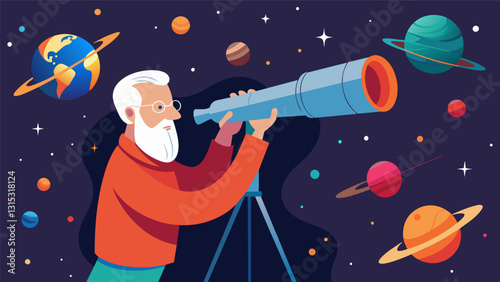 An older man peers through a powerful telescope discovering new galaxies and stars on his exploration mission.. Vector illustration